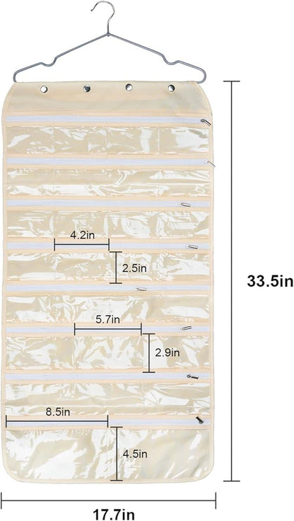 Luney Hanging Jewelry Organizer with Zippers, 56 Pockets Earring Holder Organizer with Pockets for Woman, for Hanging Earrings, Necklaces, Bracelets, Rings, Storage, Closet (Beige)