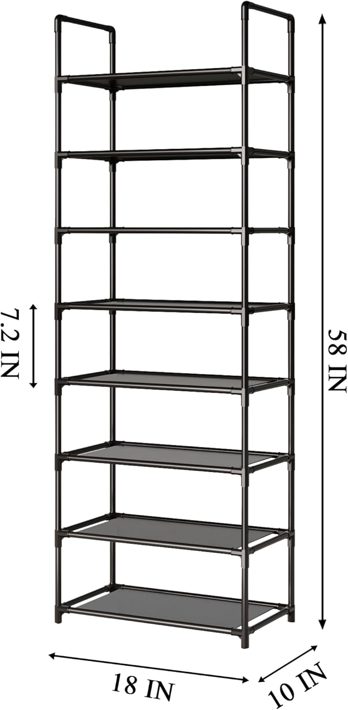 8-Tier Tall Shoe Rack for Closet, Entryway, Adjustable Sturdy Durable Shoe Shelf,Narrow Shoe Stand Organizer (18" W×10" D×58" H,Black)