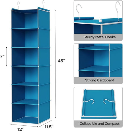MAX Houser 6-Shelf Hanging Closet Organizer, Hanging Storage Shelves with 2 Sturdy Hooks Space-Saving for Bedroom, Foldable (Blue)