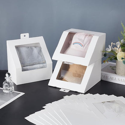 AHANDMAKER 10 Pcs White Hat Storage Box, Foldable Cardboard Gift Storage Boxes with Clear PVC Window, 7.8" x 7.8" x 4.7" Storage Containter for Baseball Hat Display Case Holder