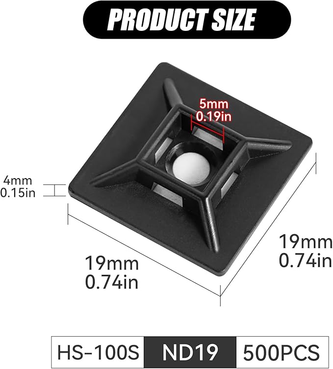 500Pcs Adhesive Zip Tie Mount, 3/4in Black Cable Tie Mount, Plastic Zip Tie Mounting Squares, Sturdy Zip Tie Sticky Mounting Pads for Cable Organizer (Black, 3/4"-500pcs)