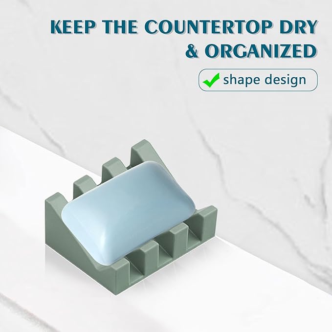 Self Draining Soap Dish Holder,Silicone Soap Dish,for Bathroom,Kitchen, Sponges，Can Extend Soap Life，Keep Soap Bars Dry and Easy Cleaning (N-Green,4-Pack)