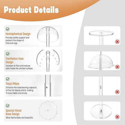 2 Pack Acrylic Wig Hat Display Stand Height Adjustable, Clear Wig Display Rack Stand Countertop Domed Hat Holder, Tabletop Baseball Cap Hat Stands for Shop Window Display(9.8"-16.5" H)