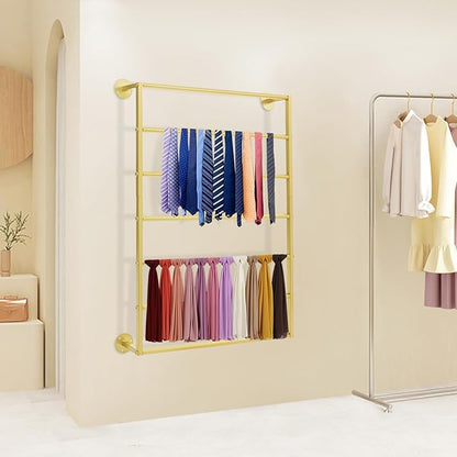 Wall Mounted Display Rack, 7-Tier Wall Mounted Scarf Rack, Gold Towels Storage Rack, Wrapping Paper Ribbon Organizer, Metal Wall Display Rack for Bedroom, Retail Store, Flower Shop