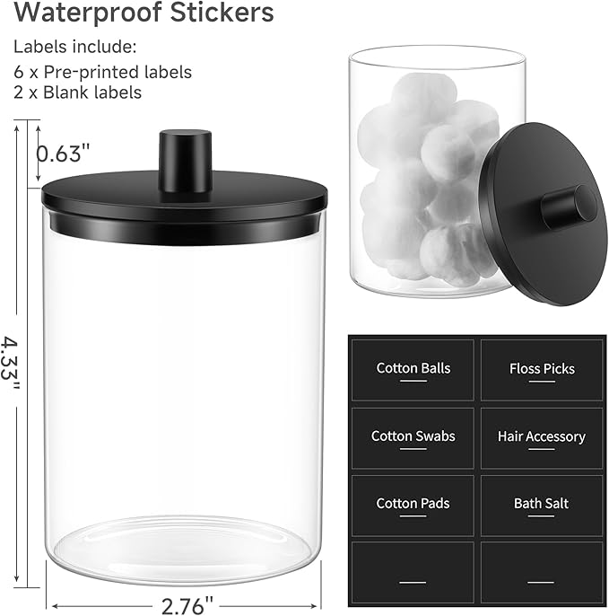 3 Pack Glass Qtip Holder Dispenser- 10 oz Clear Canister Apothecary Jar, Bathroom Vanity Storage Organizer Set for Cotton Swabs, Pads, Floss Picks, Small Containers for Makeup Storage (Black)