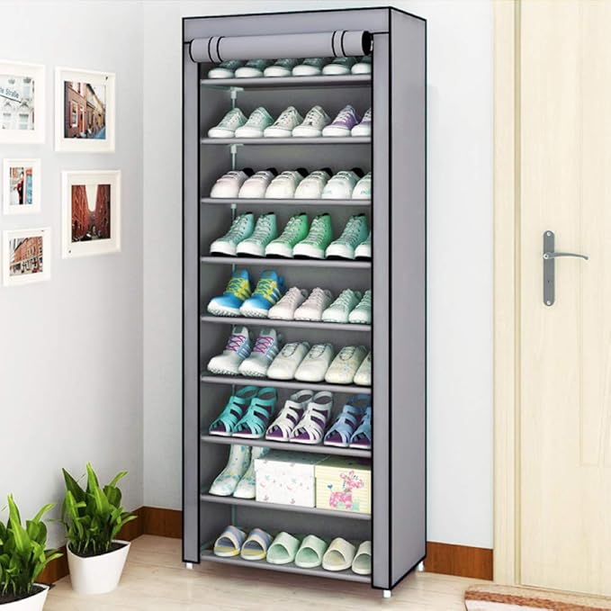 GREEF 10 Tier 30 Pairs Shoe Rack with Dustproof Cover Large Shoe Storage Organizer Cabinet for Closet, Bedroom, Entryway, Hallway, Dorm Room (Grey)