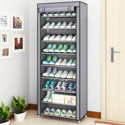 GREEF 10 Tier 30 Pairs Shoe Rack with Dustproof Cover Large Shoe Storage Organizer Cabinet for Closet, Bedroom, Entryway, Hallway, Dorm Room (Grey)