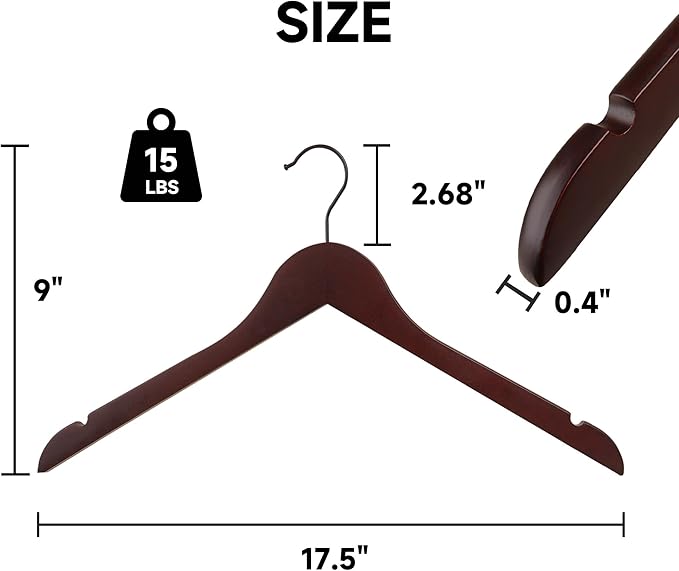 Premium Wooden Top Hangers, Heavy Duty Solid Wood Suit Hangers with 360° Swivel Hook & Anti-Slip Notches, Durable Clothes Hangers for Jackets, Coats, Shirts & Dresses(Dark Cherry/96-Pack)