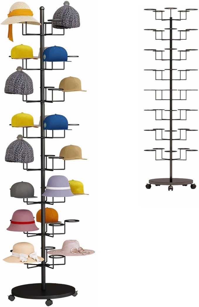 Standing Hat Rack Stand, Cowboy Hat Rack with 40 Hooks, 8 Tier Metal Hat Organizer Rack, Floor Hat Display Rack for Home Store Vendors(Black,8 Tier)