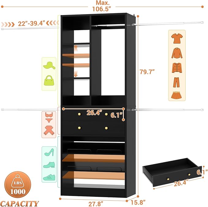 Besiost Closet System, 4.2–8.8 FT Closet Organizer with 2 Wooden Drawers and Shelves, Walk-in Closet System with 5 Hang Rods, Built-in Reach in Closet Tower, Can Fit 60 to 96 inch, Black