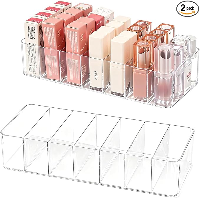 2 Pack Clear Acrylic Makeup Organizers, 7-Section Bathroom Organizer for Drawer, Cosmetic Display Cases, Blushes Highlighters Eyeshadow Powder Makeup Organizer Holder Storage