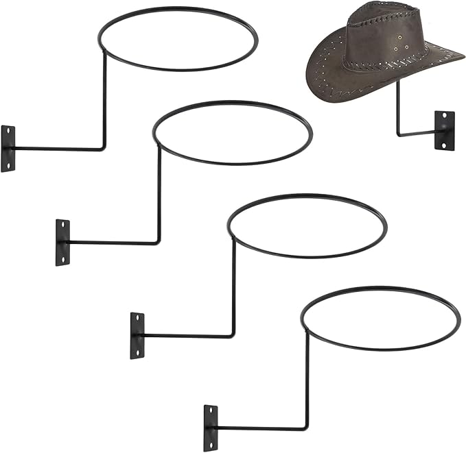 TiciKim Pack of 4 Metal Hat Holder Wall Mounted Cowboy Hat Rack Hat Hanger for Wall Display, Cowboy Hat Holder Organizer Multifunctional Organizer Display Rack for Cowboy Hat, Cap, Wigs (Black)