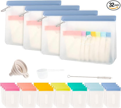 Protein Powder Travel Container Set,Reusable Powder Supplement Container To Go,28Pcs Single Dose Bags & 4Pcs Large Zip Bags,Portable Travel Containers with Funnel,Spoon