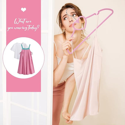 Plastic Hangers 50 Pack, Cute Clothes Hanger Ultra Thin Space Saving - Pink Clothes Hangers with 360 Degree Swivel Hook & Travel Clothesline - Sturdy Adult Coat Hangers for Dress, Shirts, Coats