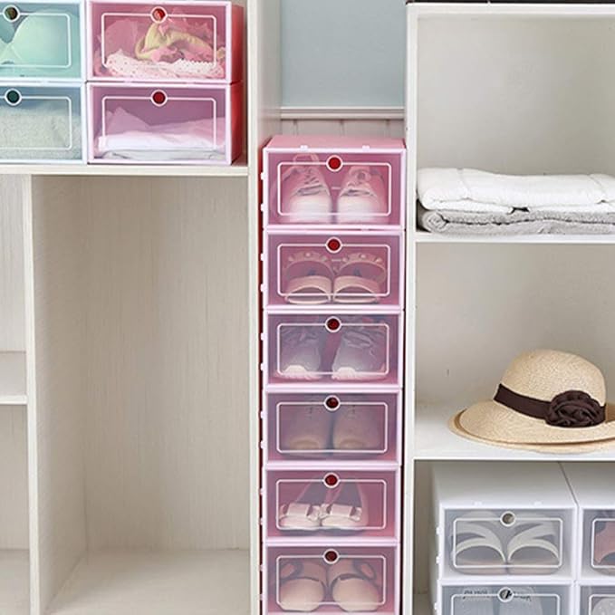 Cabilock 6pcs Transparent Pink Shoe Box Stackable Foldable Storage Shoe Box Clear Plastic Shoe Boxes Shoes Boxes for Home Room Sneakers High Heels Slippers