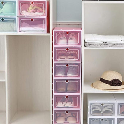 Cabilock 6pcs Transparent Pink Shoe Box Stackable Foldable Storage Shoe Box Clear Plastic Shoe Boxes Shoes Boxes for Home Room Sneakers High Heels Slippers