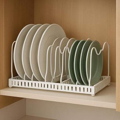 White Plate Stacker for Inside a Cabinet – Expandable 10-Slot Vertical Plate Organizer and Adjustable Dish Rack – Heavy-Duty Metal Cabinet Storage for Plates, Lids, and Cutting Boards