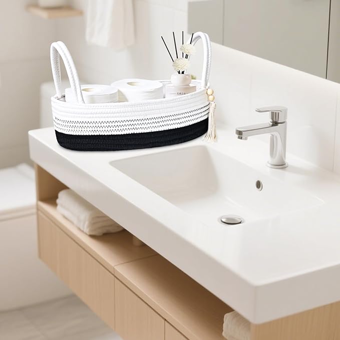 ABenkle Small Storage Basket for Toilet Tank Top - Jute Rope Woven Organizer with Handle, Boho Countertop Bathroom Decor, Toilet Paper Holder, 13x6x4 Inch