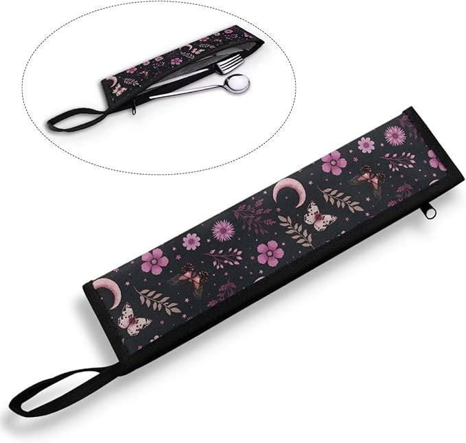 COEQINE Black Utensil Holder Case for Fork Spoon Knife Organizer,Pink Buttterfly Moon Leafproof Travel Spoon Case With Handles Machine Washable Portable Cutlery With Zipper