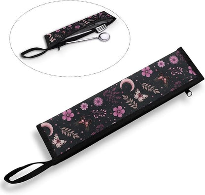 COEQINE Black Utensil Holder Case for Fork Spoon Knife Organizer,Pink Buttterfly Moon Leafproof Travel Spoon Case With Handles Machine Washable Portable Cutlery With Zipper