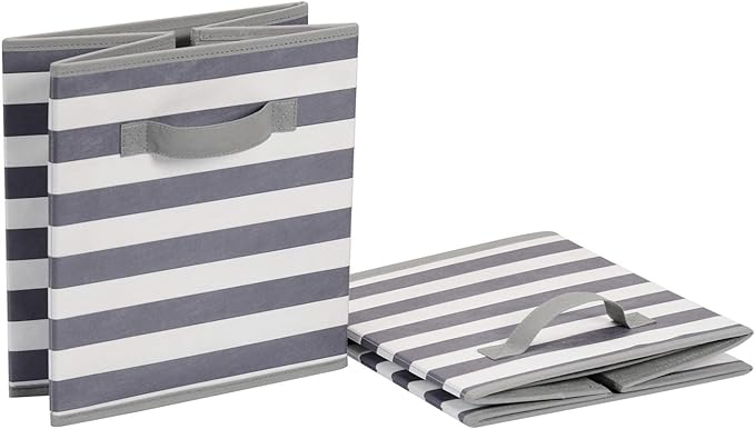 Amazon Basics Collapsible Fabric Storage Bins with Handles, Cube Organizer for Home Organization, 10.5"x10.5"x11", White/Light Grey Stripe, 6-Pack