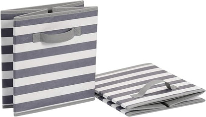 Amazon Basics Collapsible Fabric Storage Bins with Handles, Cube Organizer for Home Organization, 10.5"x10.5"x11", White/Light Grey Stripe, 6-Pack