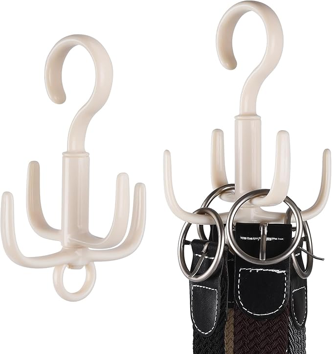 Space-Saving Tie Hanger, Small Space Storage and Organizer, 2 Piece Set, 360° Rotatable Portable Closet Organizers for Belt, Scarf, Bras, Tank top, Purses Etc(Beige)