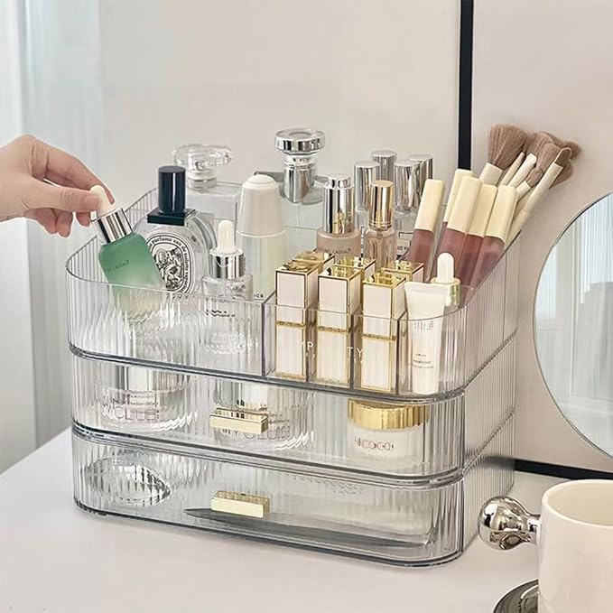 Makeup Organizer with Stackable Drawers, Bathroom Vanity Organizers and Storage, Ideal for Desk and Dresser Countertops, Great for Cosmetics, skincare, Lipsticks, Nail Care -Clear