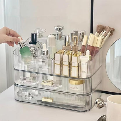 Makeup Organizer with Stackable Drawers, Bathroom Vanity Organizers and Storage, Ideal for Desk and Dresser Countertops, Great for Cosmetics, skincare, Lipsticks, Nail Care -Clear