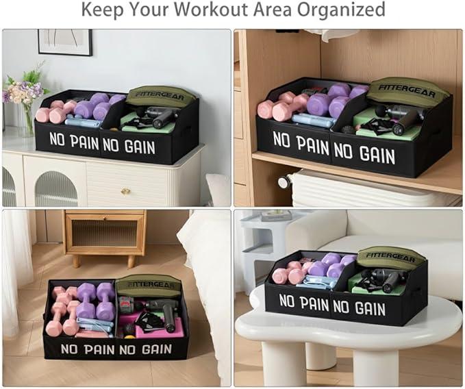 Fabric Home Gym Storage Box, Foldable Workout Equipment Storage Organizer with Bottom Board & Handles, Gym Shelf for Loop Bands, Yoga Blocks, Yoga Strap, Wrist Wraps-Black