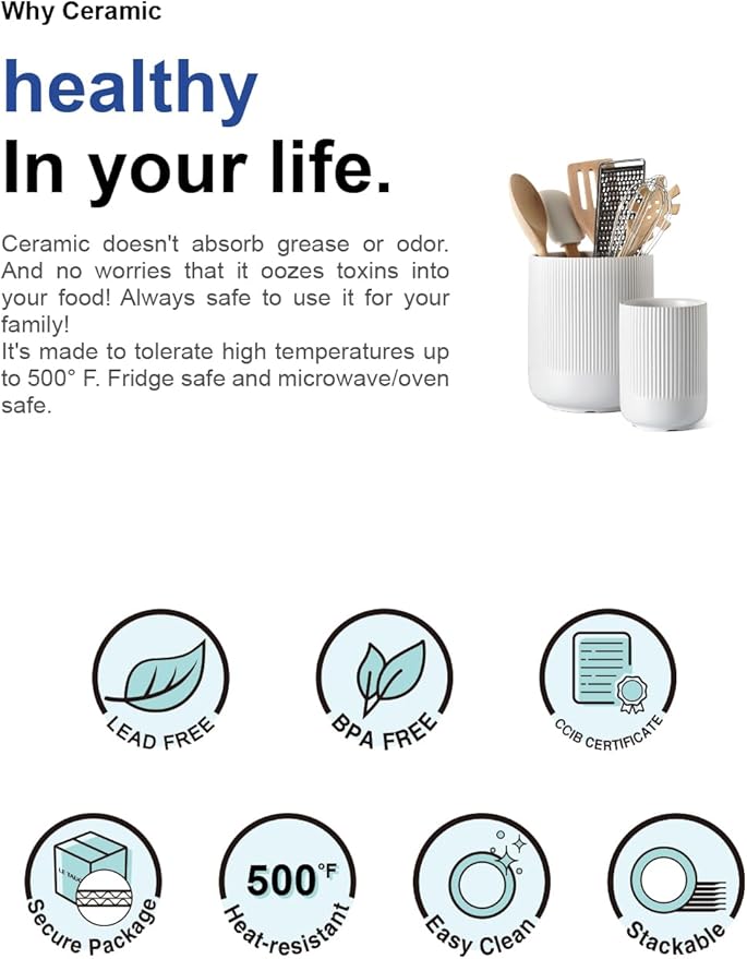 LE TAUCI Utensil Holder for Kitchen Counter, 7.3"+5.4" Fluted Ceramic Utensil Crock Organizer for Countertop, Heavy Large Holder for Spatulas, Spoons, Set of 2, White, Kitchen Counter Decor