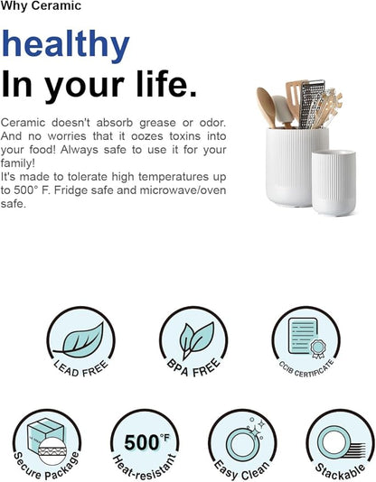 LE TAUCI Utensil Holder for Kitchen Counter, 7.3"+5.4" Fluted Ceramic Utensil Crock Organizer for Countertop, Heavy Large Holder for Spatulas, Spoons, Set of 2, White, Kitchen Counter Decor