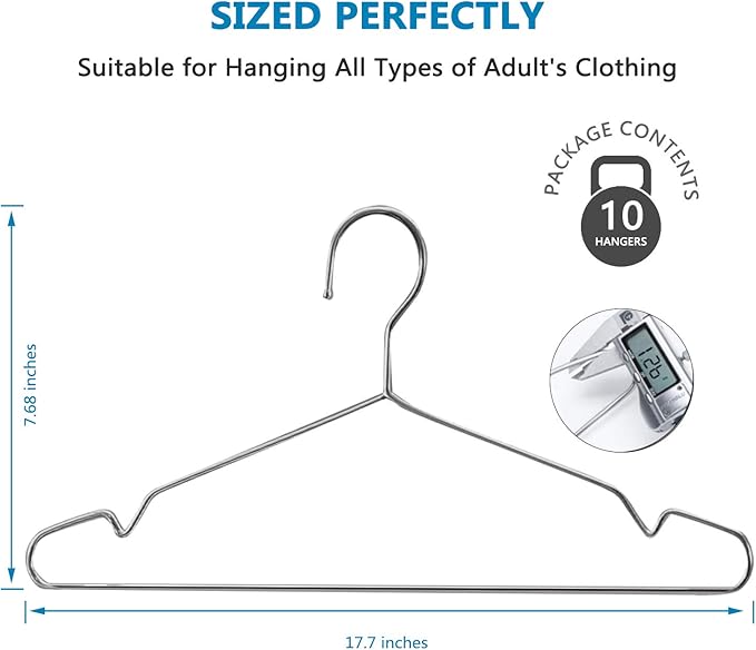 Fayleeko Stainless Steel Wire Coat Hangers - Heavy Duty, Ultra Thin, Space Saving (10 pack, 17.7 Inch)