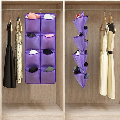 Dual Sided Hanging Closet Organizer Shoe Rack Holder with 26 Large Pockets (Purple)