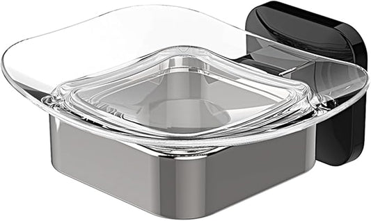 Shower Soap Holder, Wall Mounted Soap Dish, Soap Saver, Soap Tray, Bar Soap Holder for Shower Bathroom & Kitchen Accessories (Black + Chrome, 4.49×4.33in)