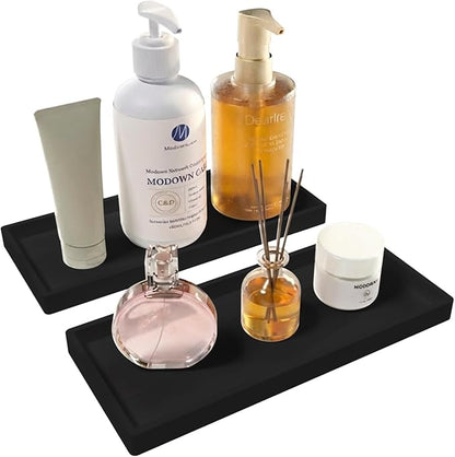 2PCS Bathroom Vanity Tray, 11.8 x 5 Inch Silicone Bathroom Counter Organizer, Decorative Holder for Candle and Perfume Tray, Cosmetics, Jewelry Rings for Kitchen Sink Organizer, Black