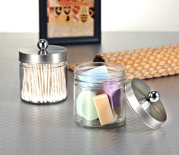 SheeChung 2-Pack Brushed Nickel Mason Jar Qtip Holder - Glass Apothecary Jars Bathroom Organizer - Rust-Proof Stainless Steel Lid for Cotton Swabs, Balls, Pads, Flossers - Modern Farmhouse Decor