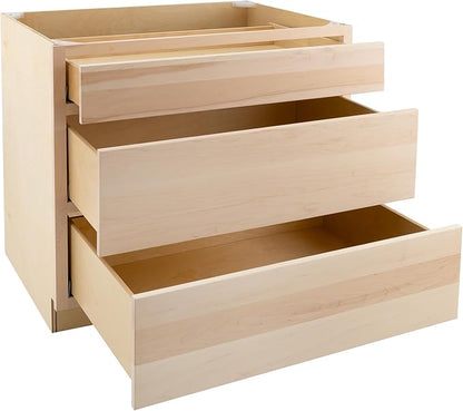 Quicklock RTA (Ready-to-Assemble) | Base Kitchen Cabinets - Shaker Style | Made in America (Raw Maple, 36" Wx34.5 Hx24 D 3 Drawer)
