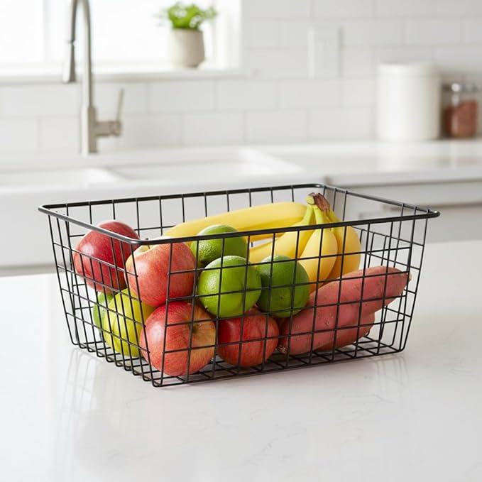 Metal Black Large Wire Basket Food Storage Organizer,pantry organizers and storage for Organizing Kitchen Cabinets potato onion, 2 Pack