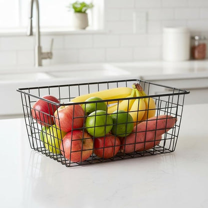 Metal Black Large Wire Basket Food Storage Organizer,pantry organizers and storage for Organizing Kitchen Cabinets potato onion, 4 Pack