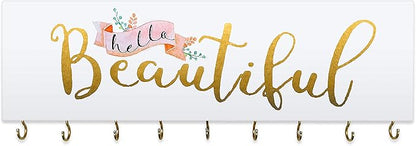 SANY DAYO HOME Hello Beautiful Wall Mount Necklace Holder Organizer with 9 Jewelry Hooks for Ring, Hair Bow, Headband, Purse - Wall Decor for Girls Room