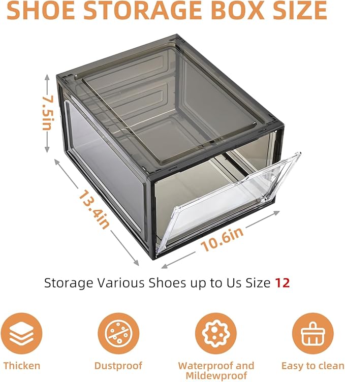Large Shoe Boxes Clear Plastic Stackable，Drop Front Shoe Box with Clear Door, Shoe Containers For Sneaker Display,Fit up to US Size12