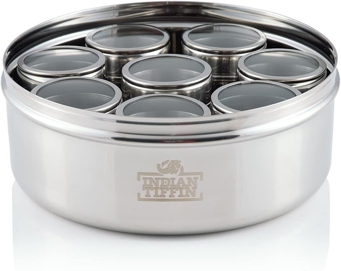 Indian-Tiffin Masala Dabba – Airtight Spice Container – Food Grade Stainless Steel – with Spice Labels & Spoon (Medium (18cm), Clear Lid Top & Clear Lids on Inner Pots)