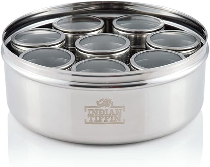 Indian-Tiffin Masala Dabba – Airtight Spice Container – Food Grade Stainless Steel – with Spice Labels & Spoon (Medium (18cm), Clear Lid Top & Clear Lids on Inner Pots)