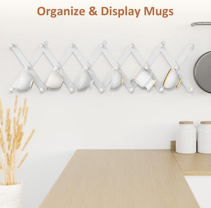 Accordion Wall Hanger, Hat Rack for Wall with 20 Coat Hooks, Expandable Hat Hangers Organizer, Vintage Decorative Coat Rack Wall Mount for Purse, Mug(White)