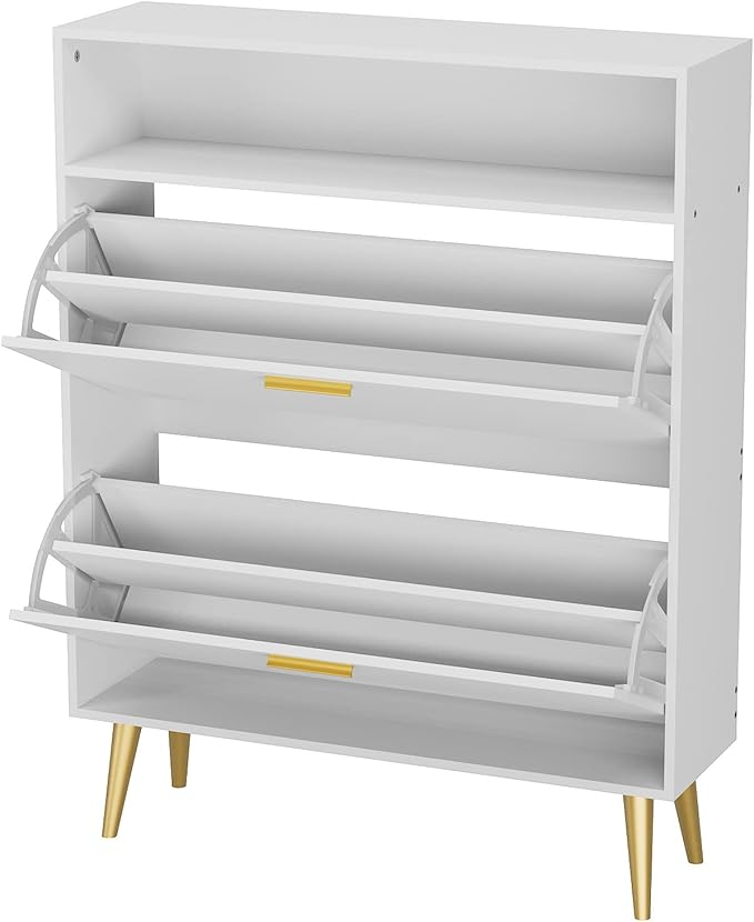 JOZZBY Shoe Cabinet for Entryway, White Narrow Shoe Storage Cabinet with 2 Flip Drawers, Freestanding Hidden Shoe Rack Storage with Open Shelves for Hallway, Living Room, Set of 2