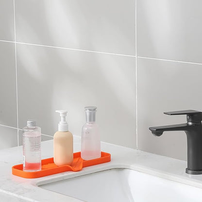 MicoYang Silicone Bathroom Soap Dishes with Drain Spout-Bathroom and Kitchen Sink Organizer,Sponge Holder,Dish Soap Tray,Perfect for Dispenser,Scrubber,Bottle,Cup on Sink or Counter-Orange 12"×4"