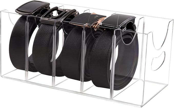 Belt Organizer, Acrylic Belt Storage Holder for The Closet, 5 Compartments Clear Belt Storage Holder for Closet & Drawer, Wall Mountable Display Rack for Belts, Ties, Scarves, and Purse Accessories
