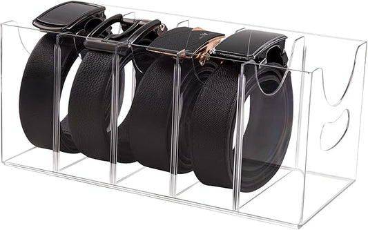 Belt Organizer, Acrylic Belt Storage Holder for The Closet, 5 Compartments Clear Belt Storage Holder for Closet & Drawer, Wall Mountable Display Rack for Belts, Ties, Scarves, and Purse Accessories