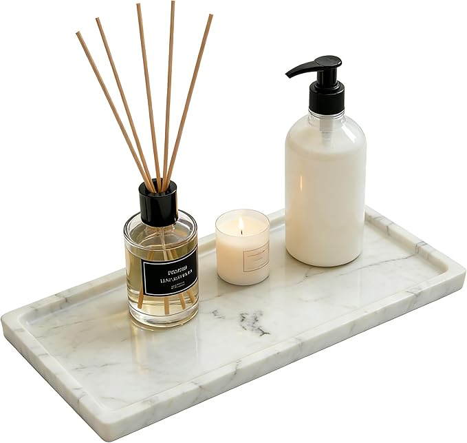 Marble Tray, Stone Bathroom Tray for countertop, Small White Marble Vanity Tray for Perfume, Skincare & Bathroom Accessories